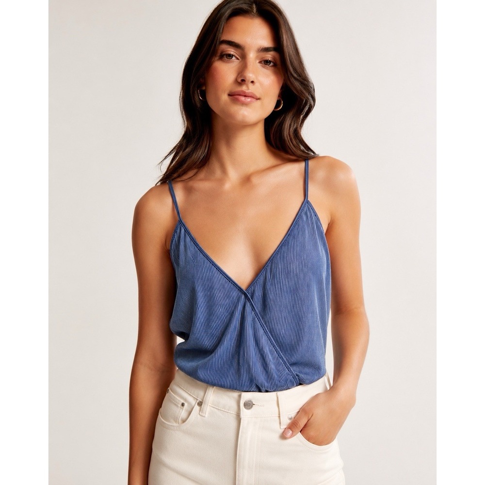 Wayf Womens Bodysuit XL Blue Sleeveless Surplice V-Neck Pleated Clubwear Y2K